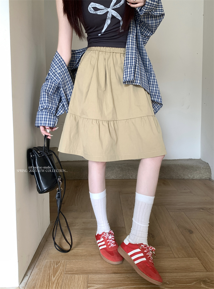 Real shot ~ Lazy style casual elastic waist skirt for women with high waist slim and puffy little A-line mid-skirt