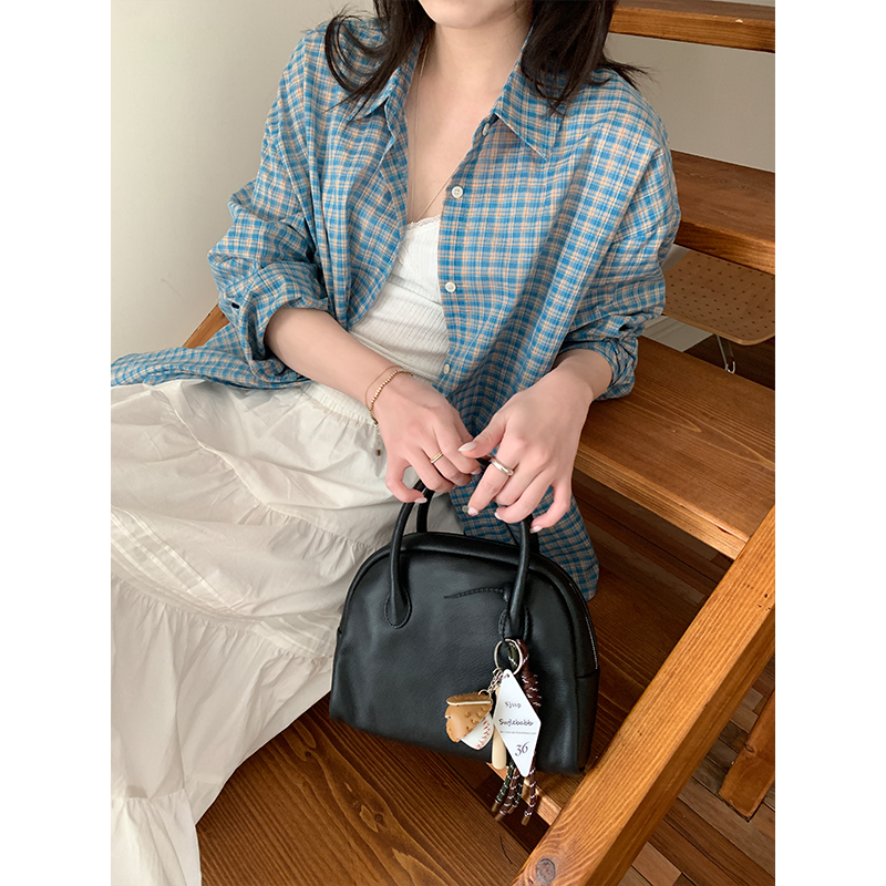 Real photo of blue plaid shirt jacket for women in spring Korean lazy loose fashionable versatile and fashionable shirt top