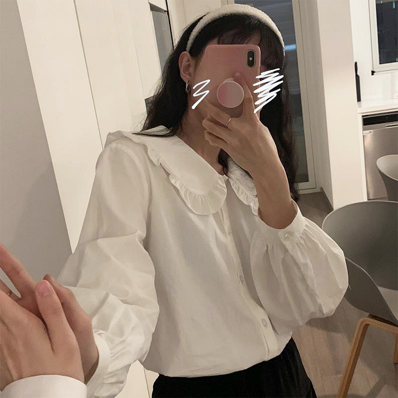 復古娃娃領襯衫女秋冬新款設計感小眾洋氣減齡長袖內搭白色襯衣女