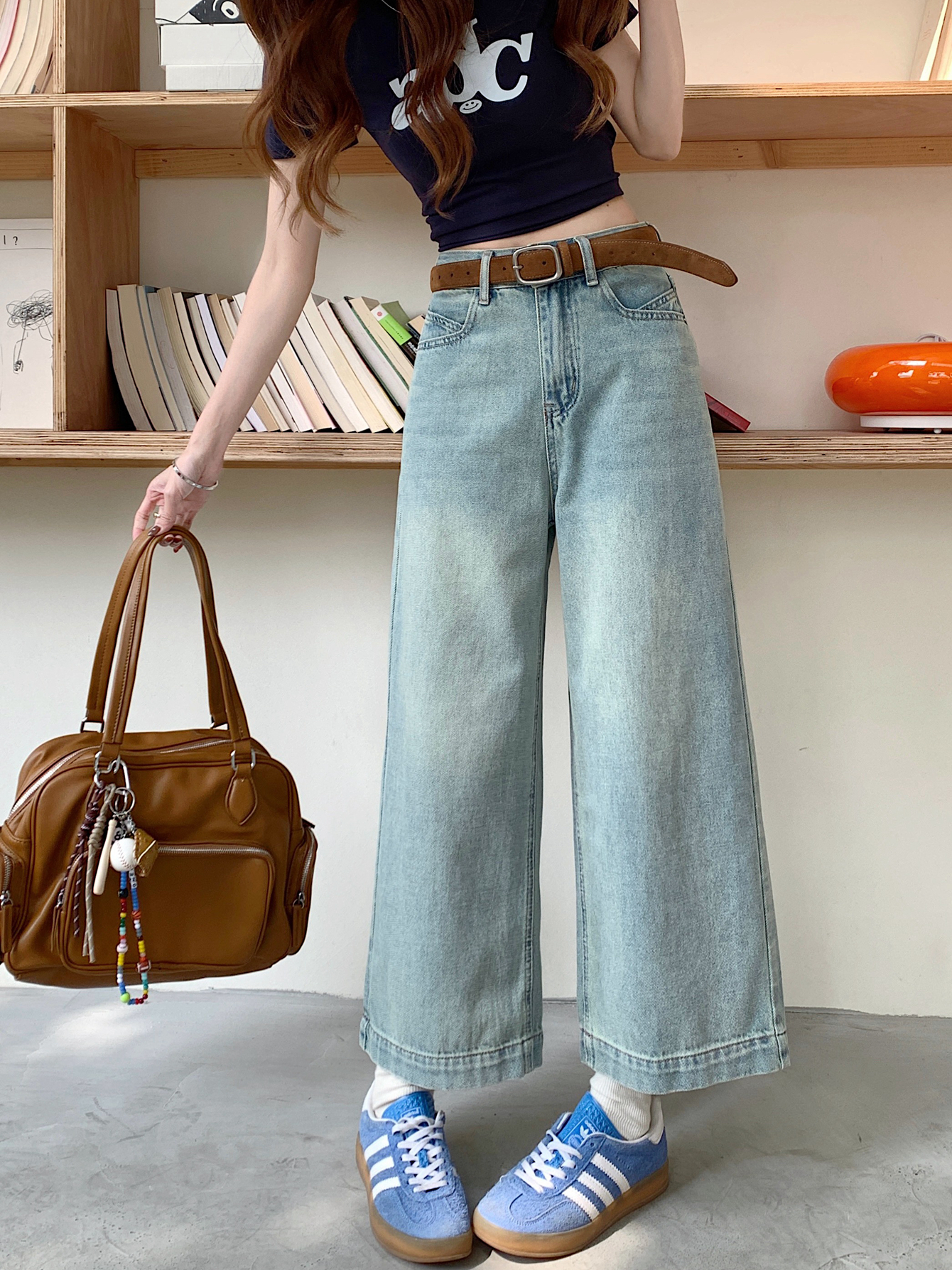 Real shot #retro washing jeans for women loose straight design wide-leg nine-point trousers