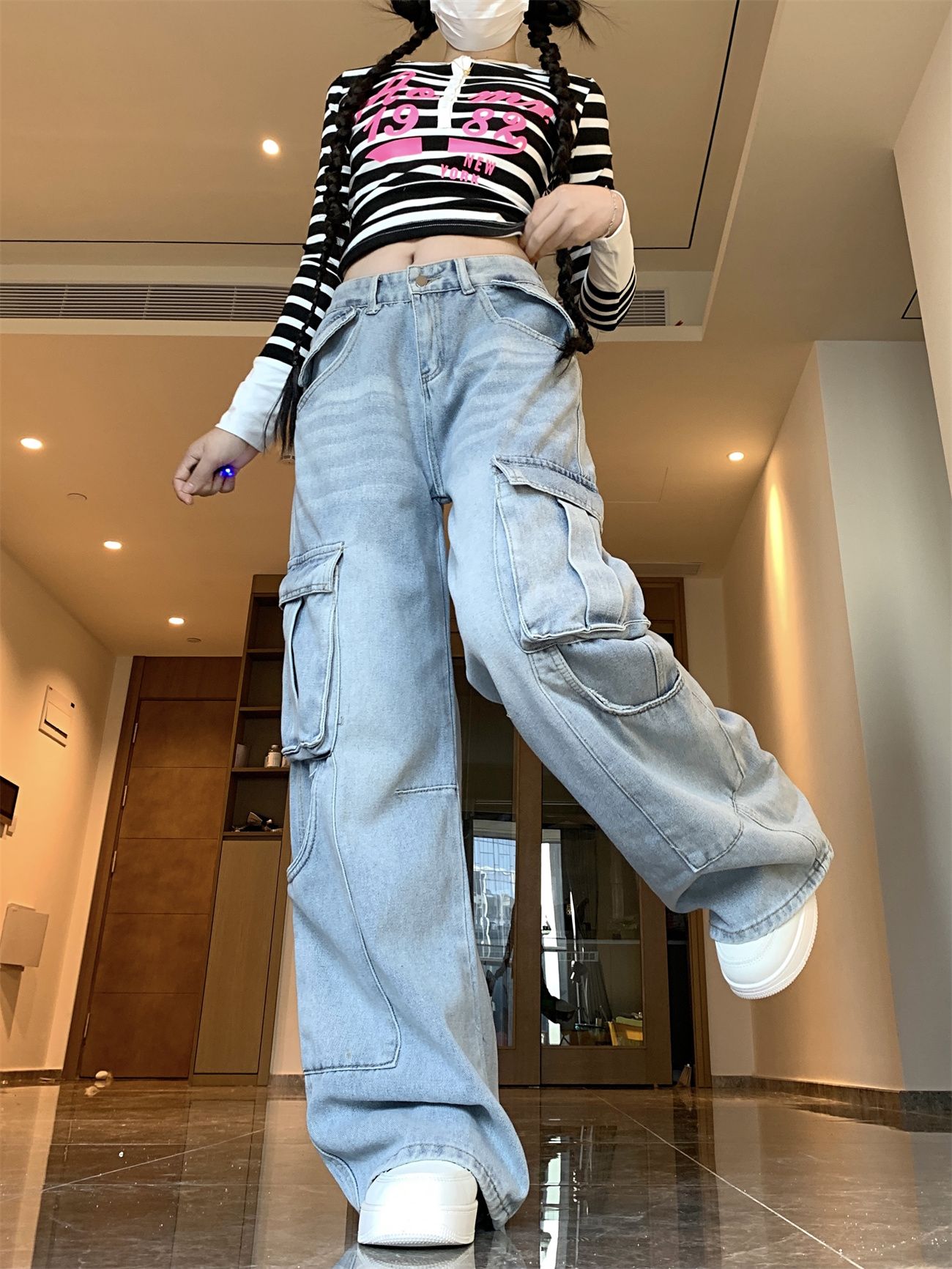 Real shot~Trendy brand hip-hop jeans men and women pocket decoration straight work pants loose trousers