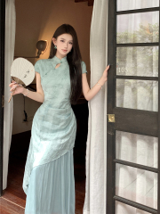 Real shot of retro sexy waist-hugging and slimming new Chinese style smudged jacquard cheongsam dress spliced ​​long skirt for women