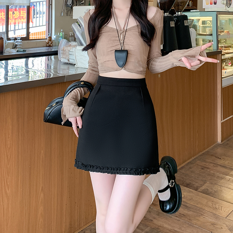 Real shot of 2025 spring and summer new style suit fabric short skirt with black ears hem wrap hips with a line Korean skirt for girls
