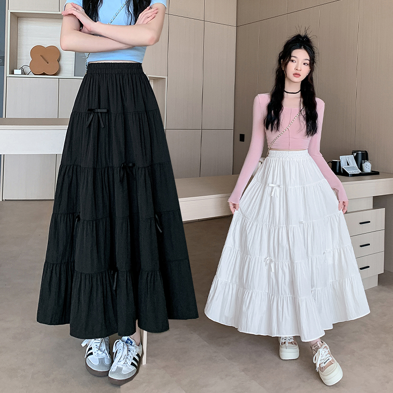 Real-life cake long skirt for women 2025 new spring high-waist design A-line skirt bow skirt long skirt