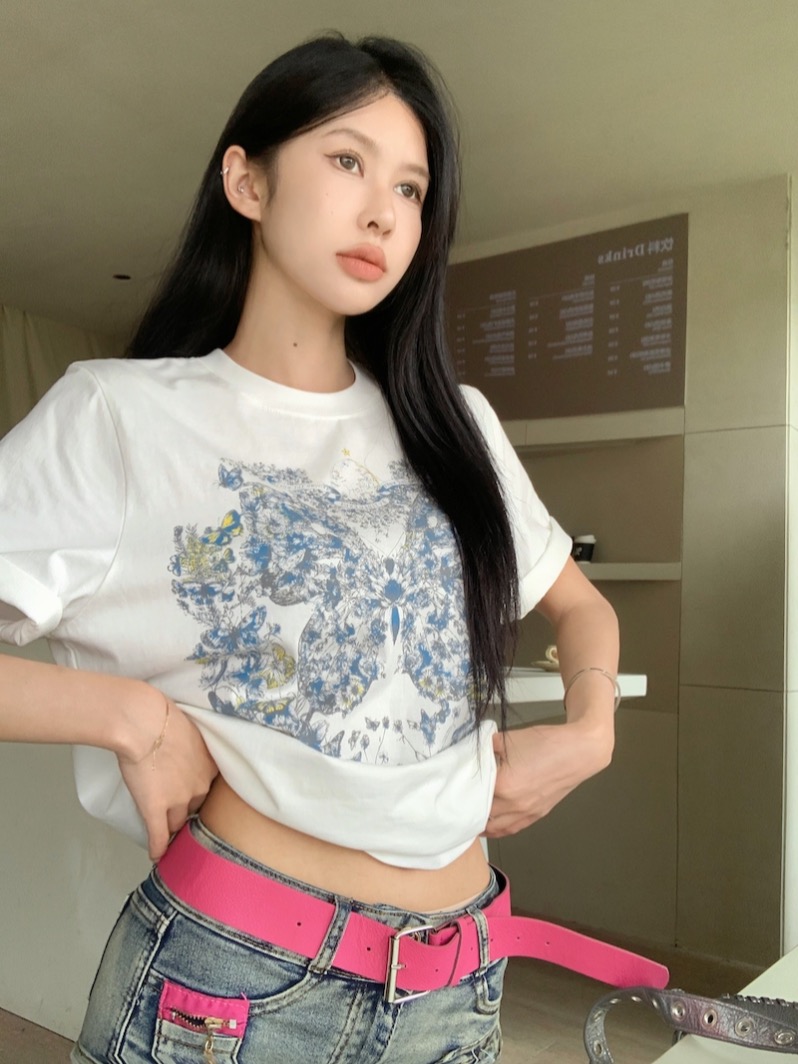 Real shot Korean loose casual butterfly printed round neck short-sleeved T-shirt