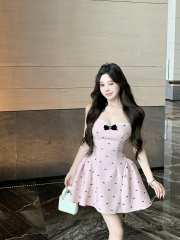 Real shot of retro sexy V-neck backless waist slimming suspender dress with bow breast pad dress for women