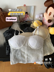 Real shot of 2025 pure summer sexy lace suspender vest with breast pad inner bottoming short top for women