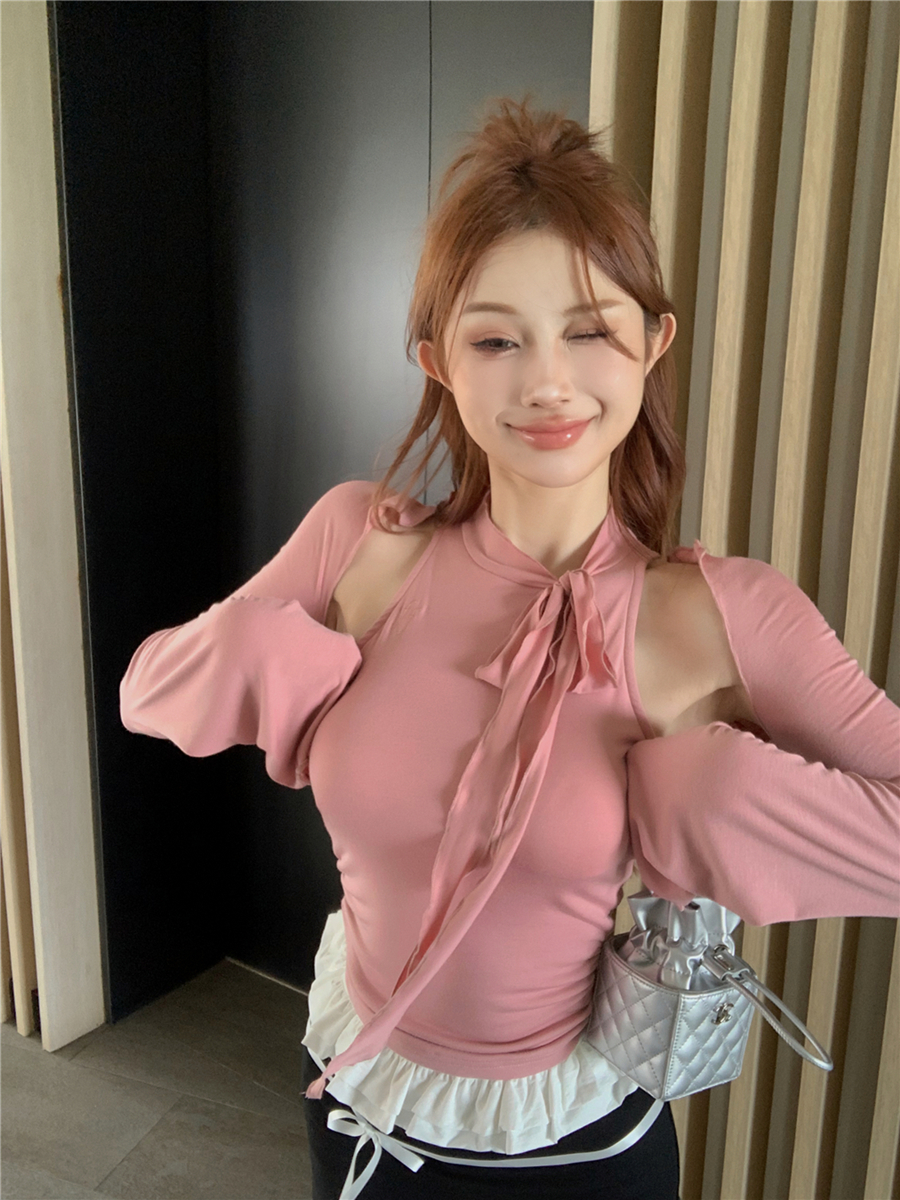 Real shot of retro sexy slim vest vest top + high waist contrasting lace splicing anti-exposure skirt for women