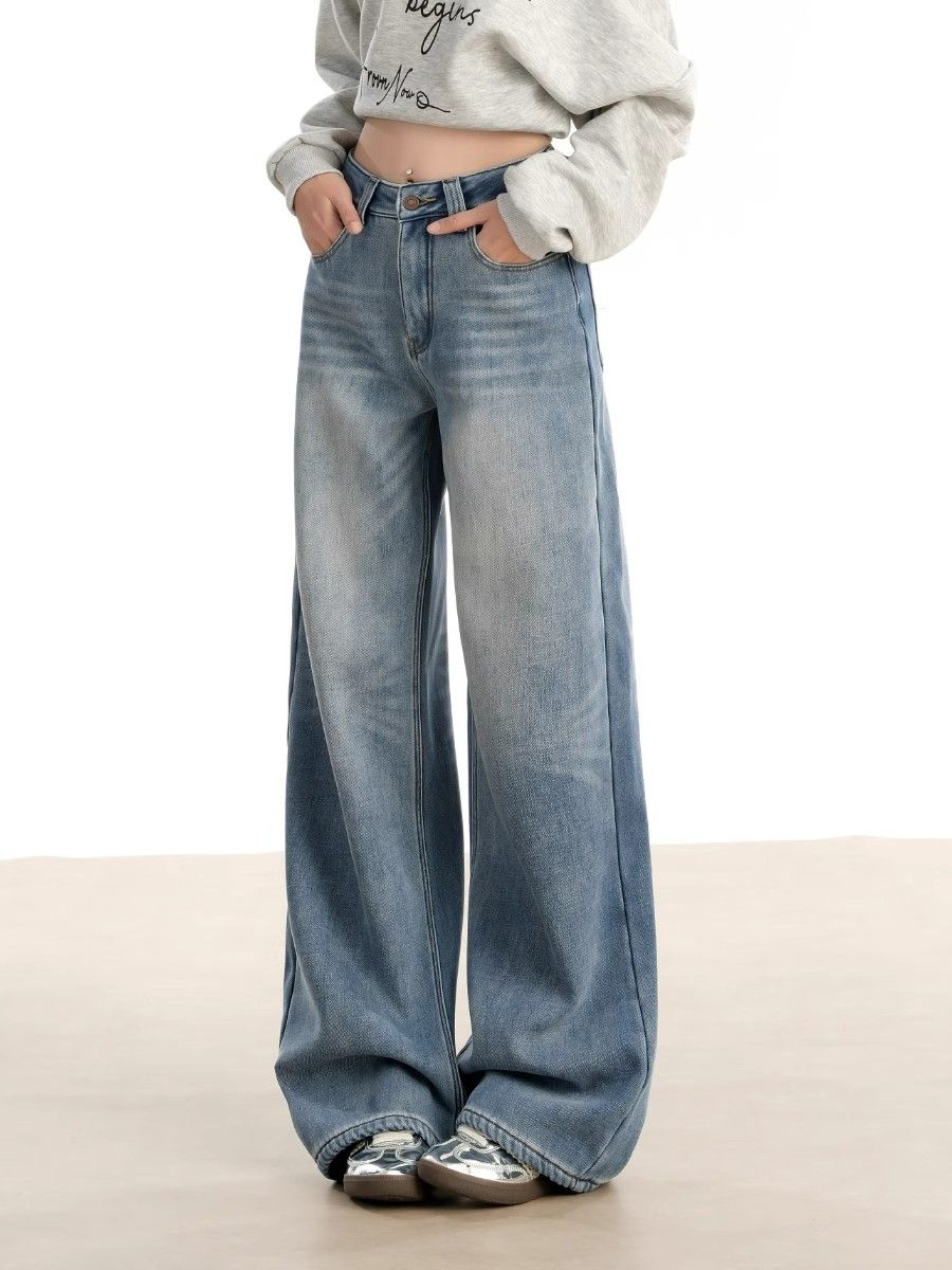 Heavy industry washing water pattern loose lazy style jeans super slim high waist wide-leg trousers for women