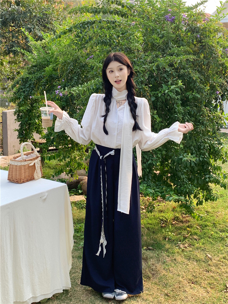 Real shot of the new spring design-like lace-up flared sleeve shirt + high-waisted casual wide-leg pants two-piece set