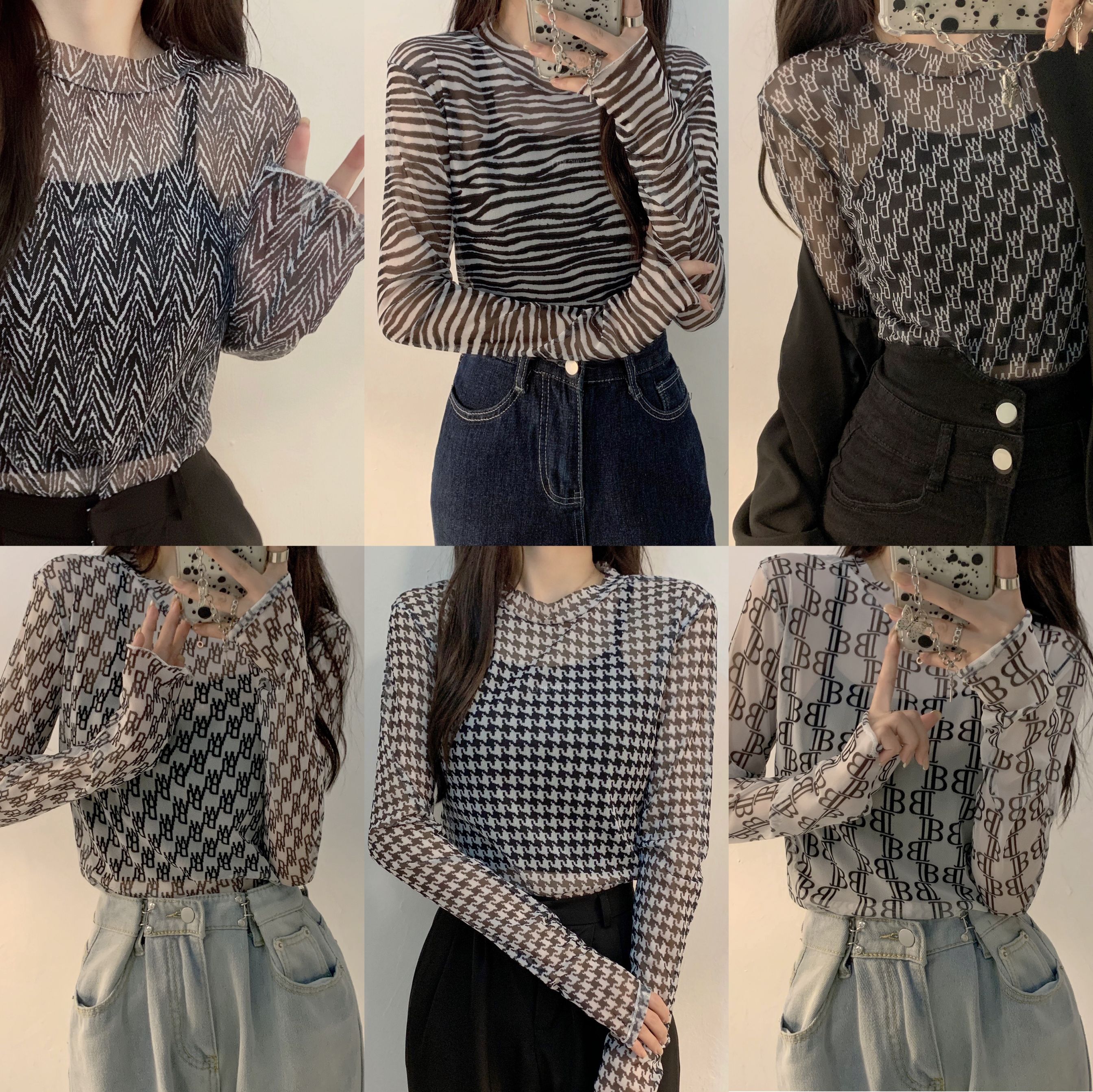 Real shot of fashionable letter mesh base shirt slim sweet hot girl long-sleeved sunscreen T-shirt top