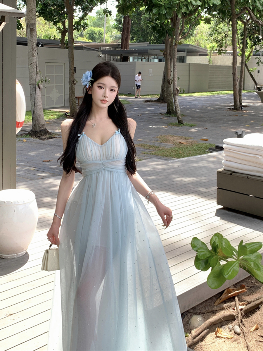 Real shot of sexy V-neck beautiful chest pad broken diamond waist-hugging slimming suspender dress mesh long skirt for women