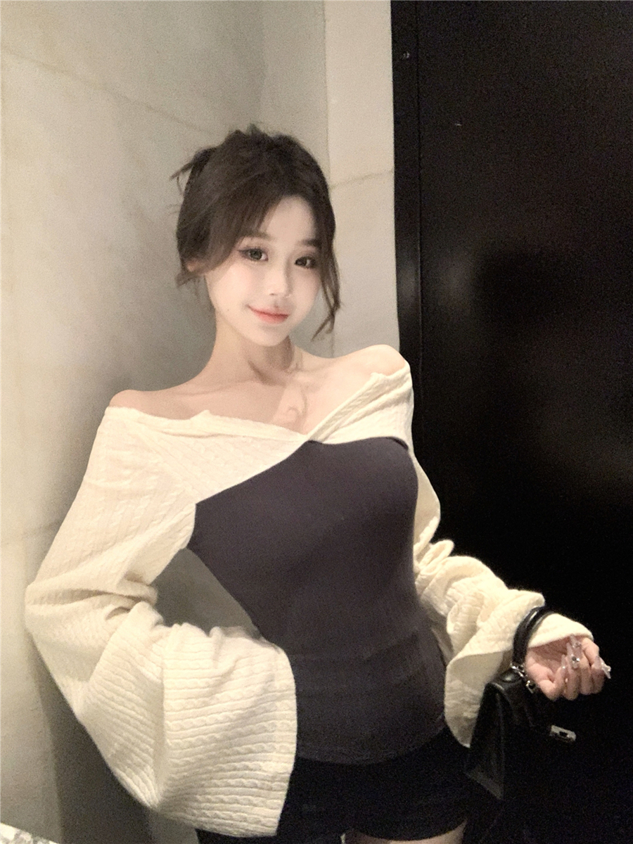 Real shot of retro sexy and gentle slim color patchwork slim fit slim top T-shirt for women
