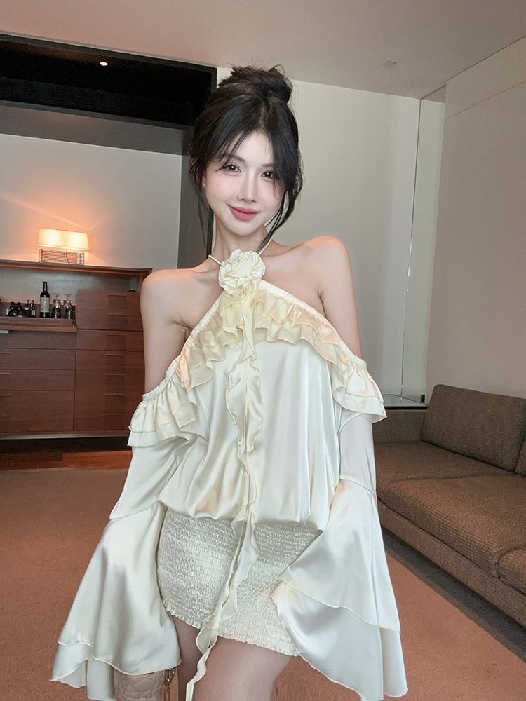 Real photo of pure and open-shoulder ruffled flared sleeve dress