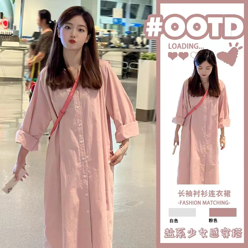 Real shot 2025 spring clothing large size women's Korean single-breasted dress mid-length shirt long-sleeved skirt