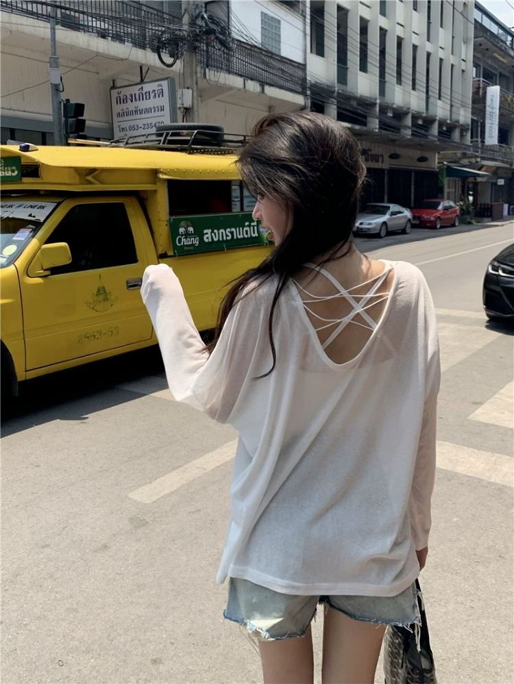 長袖薄款T恤女夏新款設計感小眾露背純欲防曬寬鬆別致上衣服