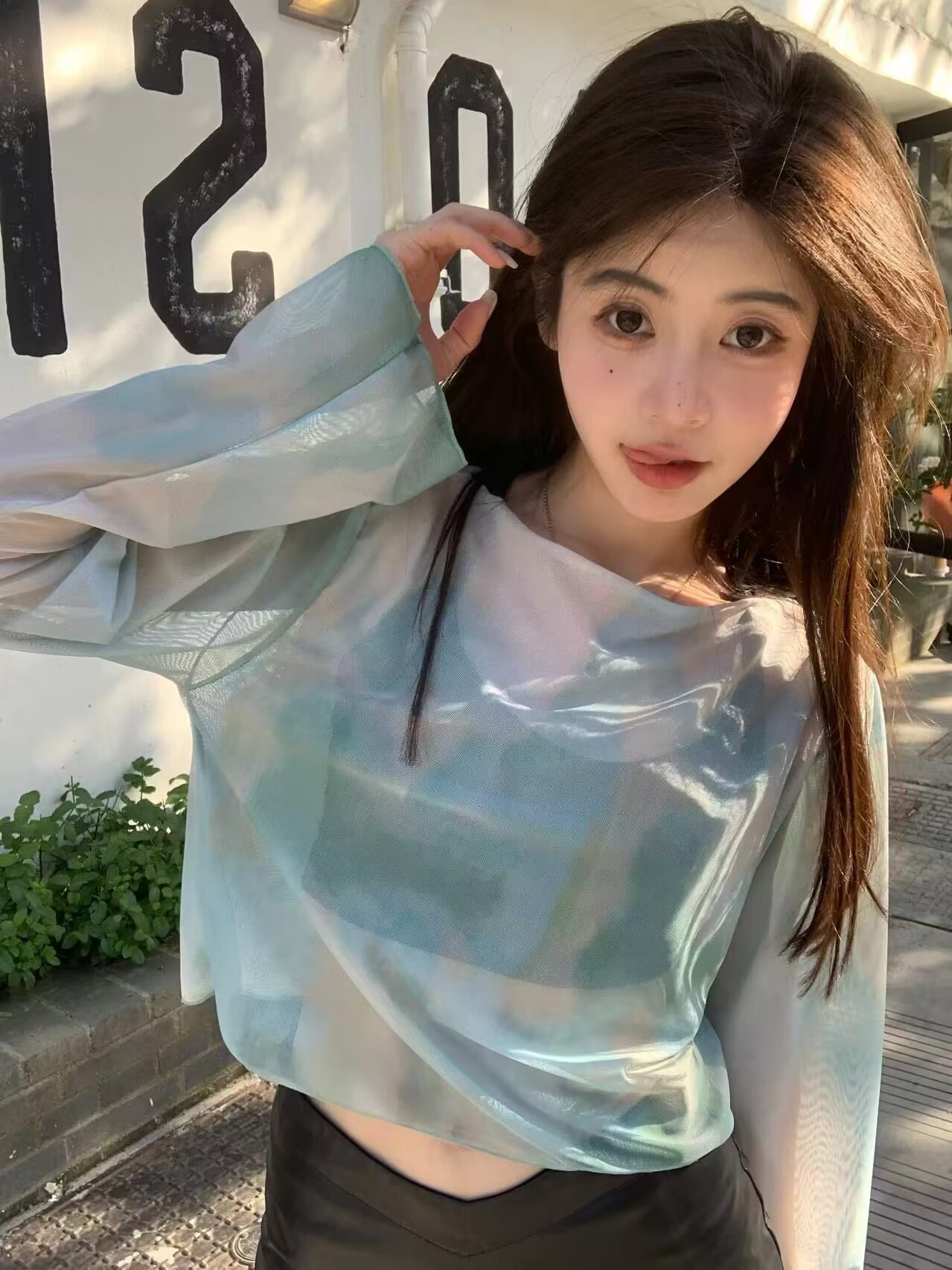 Real shot, new summer style!  Gradient pullover round neck lace shirt/chiffon shirt long sleeves