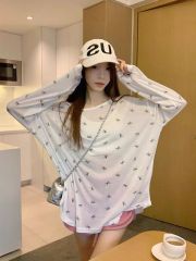 慵懶風蝴蝶結印花長袖T恤女裝夏季寬鬆薄款微透防曬罩衫上衣