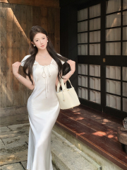 Real shot of retro sexy short-sleeved drawstring lace waist-hugging slimming dress satin fishtail long skirt for women