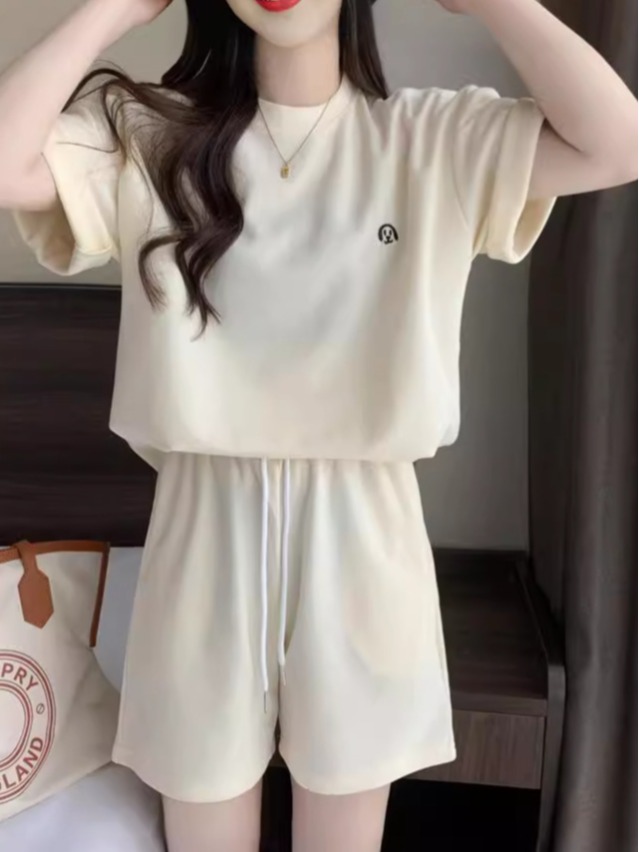 外貿港風簡約少女時尚套裝新款夏季薄款寬鬆洋氣百搭運動兩件套