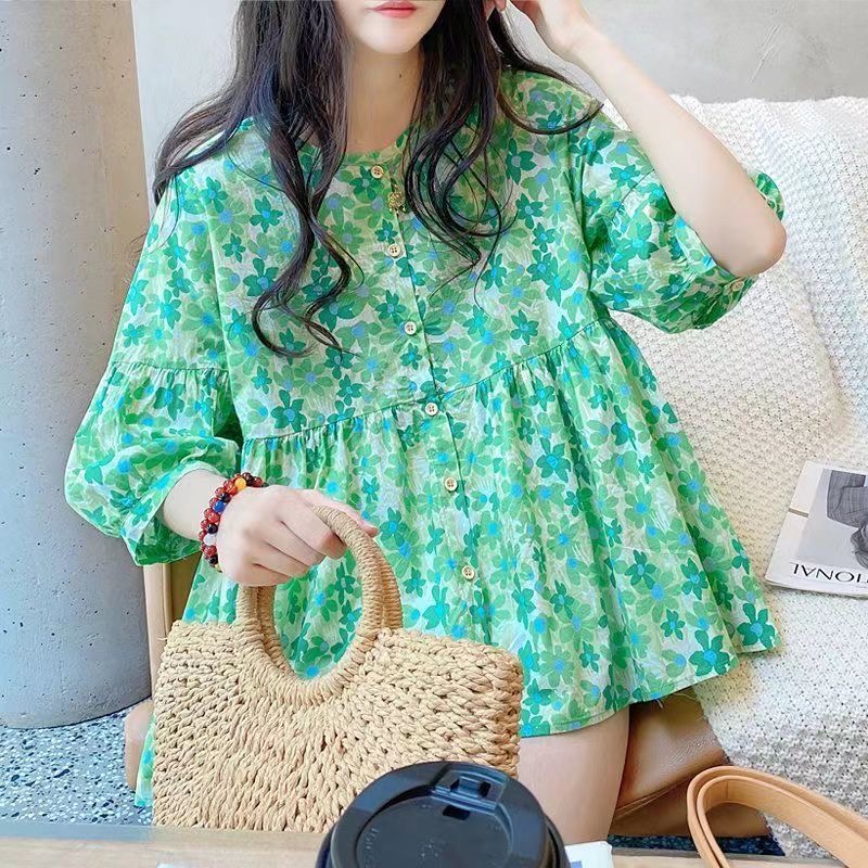 2025 summer large size women's doll shirt top loose lantern sleeves fluffy floral shirt M-4XL200 jin