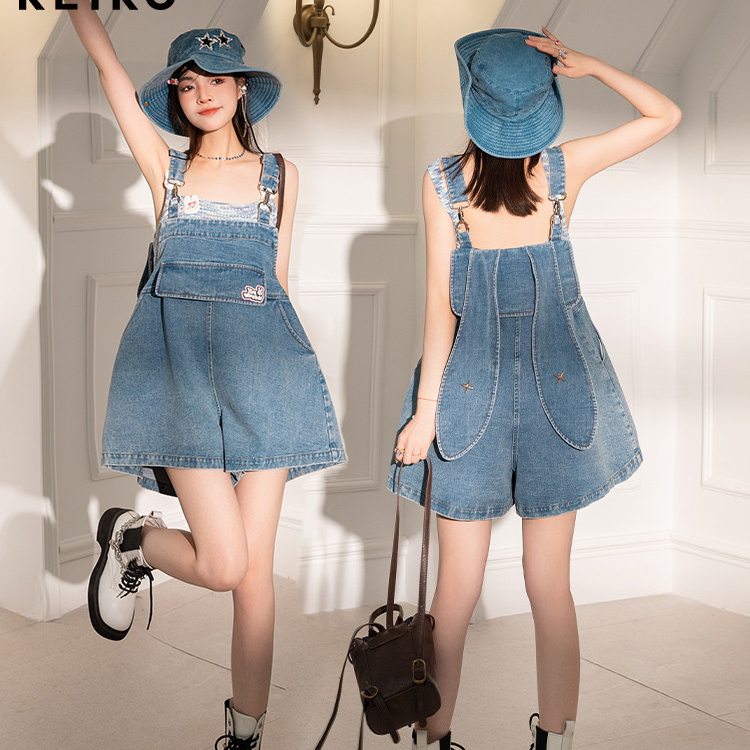 New summer clothing large-size women's strap denim dopamine outfit sweet and cool wide-leg a-line shorts S-5XL200 jin
