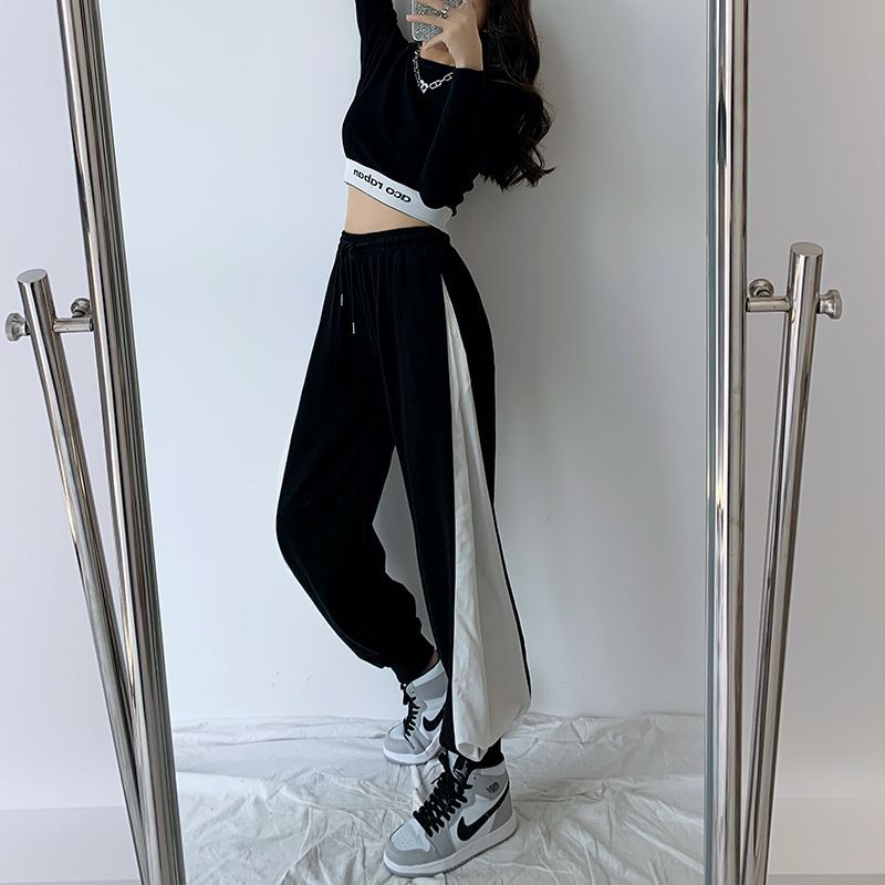 Black and white high waist loose slim wide-leg pants for women drooping 2025 new spring and autumn ties hoodies sports pants