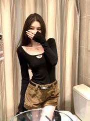 260克人棉莫代爾辣妹修身顯瘦鏤空圓領長T恤內搭百搭短款上衣