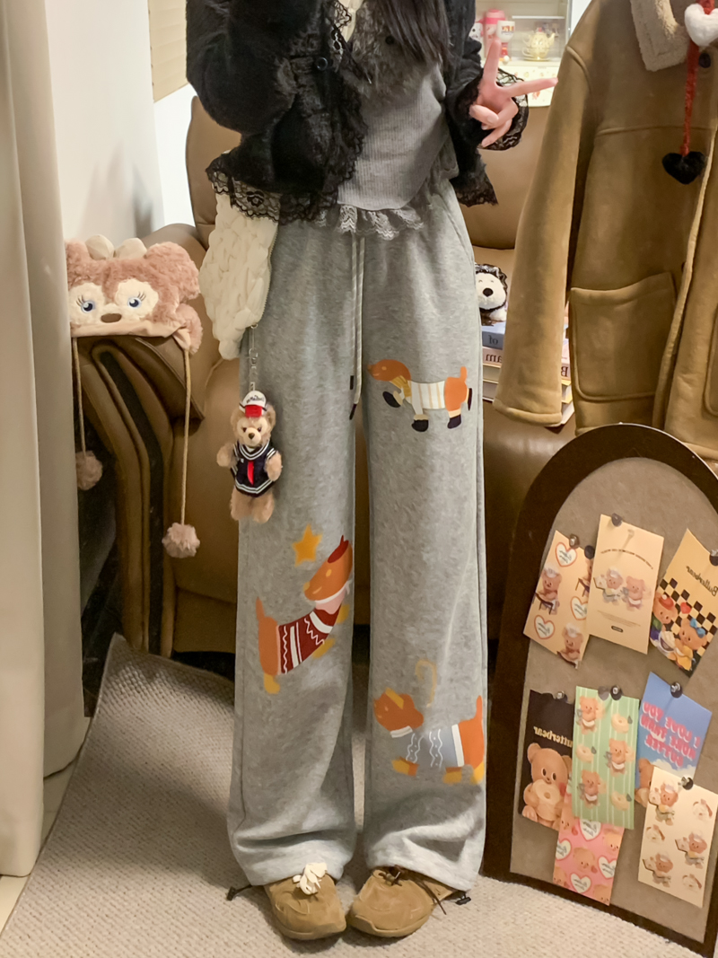 Real photo of dog printed droopy casual pants for women 2025 straight wide-leg pants loose slimming pants long pants