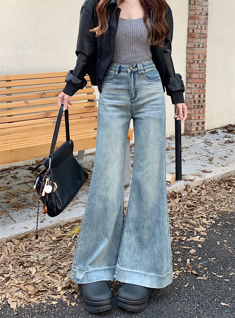 Real shot ~ American early spring retro wide-leg jeans for women with high waist slimming elastic and slightly flared straight trousers