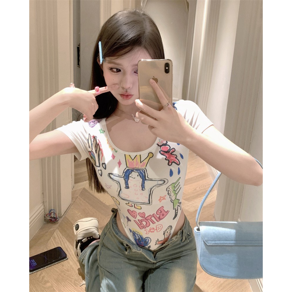Cotton with chest pad design sense cartoon doodle short sleeve slim fit