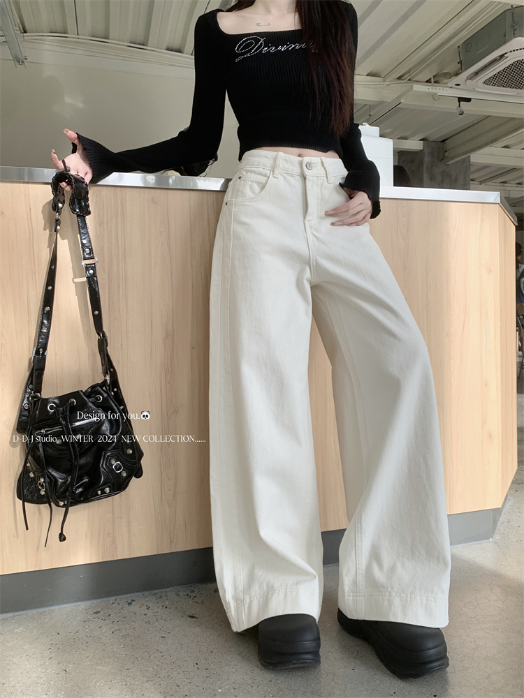Real shot ~ Spring new white wide-leg jeans for women with high waist slimming straight and versatile floor trousers