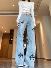 Real shot ~ American high street hip-hop cross patch jeans men and women straight loose wide-leg pants