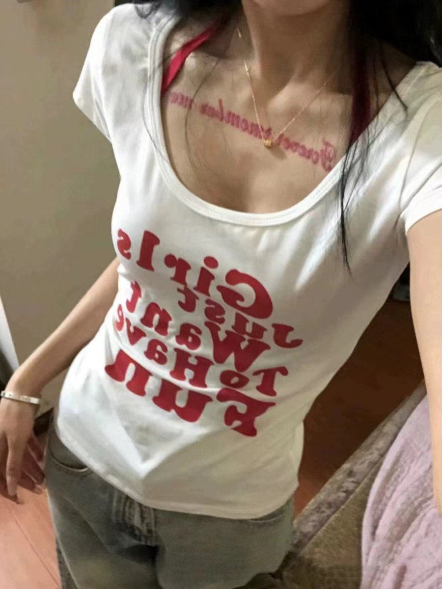 官圖 260隨心裁美式白色正肩字母印花短袖t恤女夏季修身