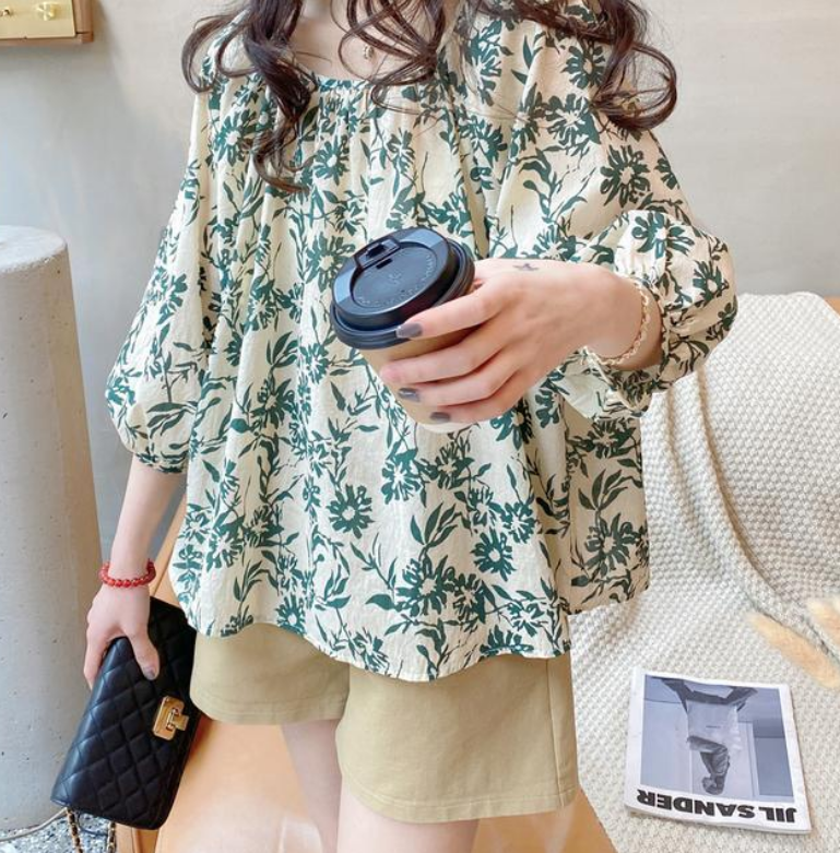 2025 spring large size women's loose lantern sleeve floral cotton linen shirt doll shirt top M-4XL200 jin