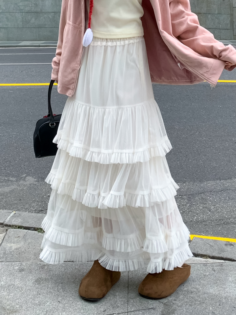 Real shot, layered, slightly transparent mesh skirt for women, spring ballet style, high waist cake skirt, slim A-line skirt
