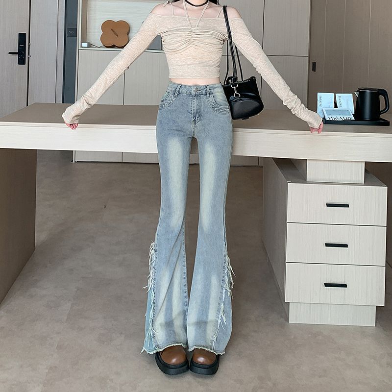 Real shot~ New high-waisted retro fur edged micro-flare jeans for women, slim and slim horseshoe pants long trousers