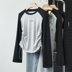 實拍大碼女新秋季簡約撞色抽繩設計感圓領長袖圓領T恤上衣女