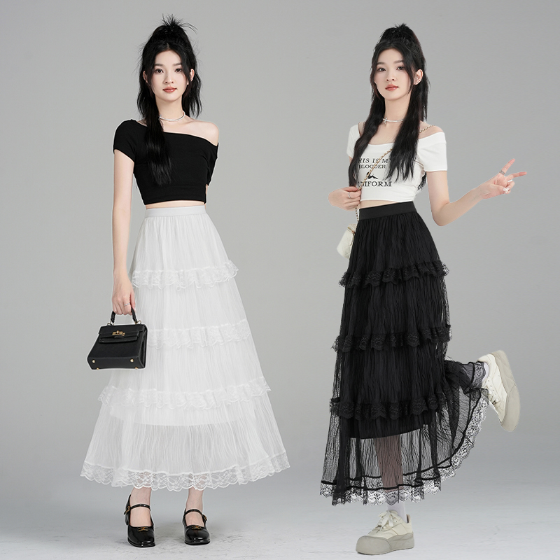 Real-life spring and summer gentle style fairy cake skirt lace spliced ​​pleated skirt women's elastic high waist A-line long skirt