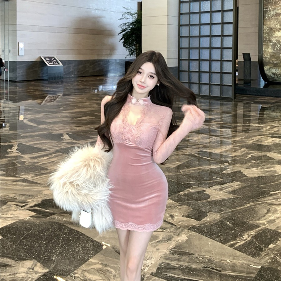 Real shot of retro lace spliced ​​velvet hip sexy slim long-sleeved dress cheongsam skirt for women