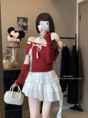 Real shot~ Spring and summer new Korean version pure desire bow tied rotator sleeve knitted T-shirt top for women