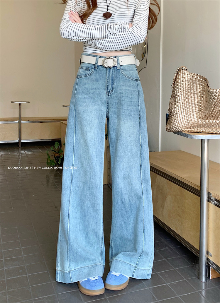 Real photo ~ Retro light-colored wide-leg jeans for women with high waist slimming A-line straight-leg floor trousers