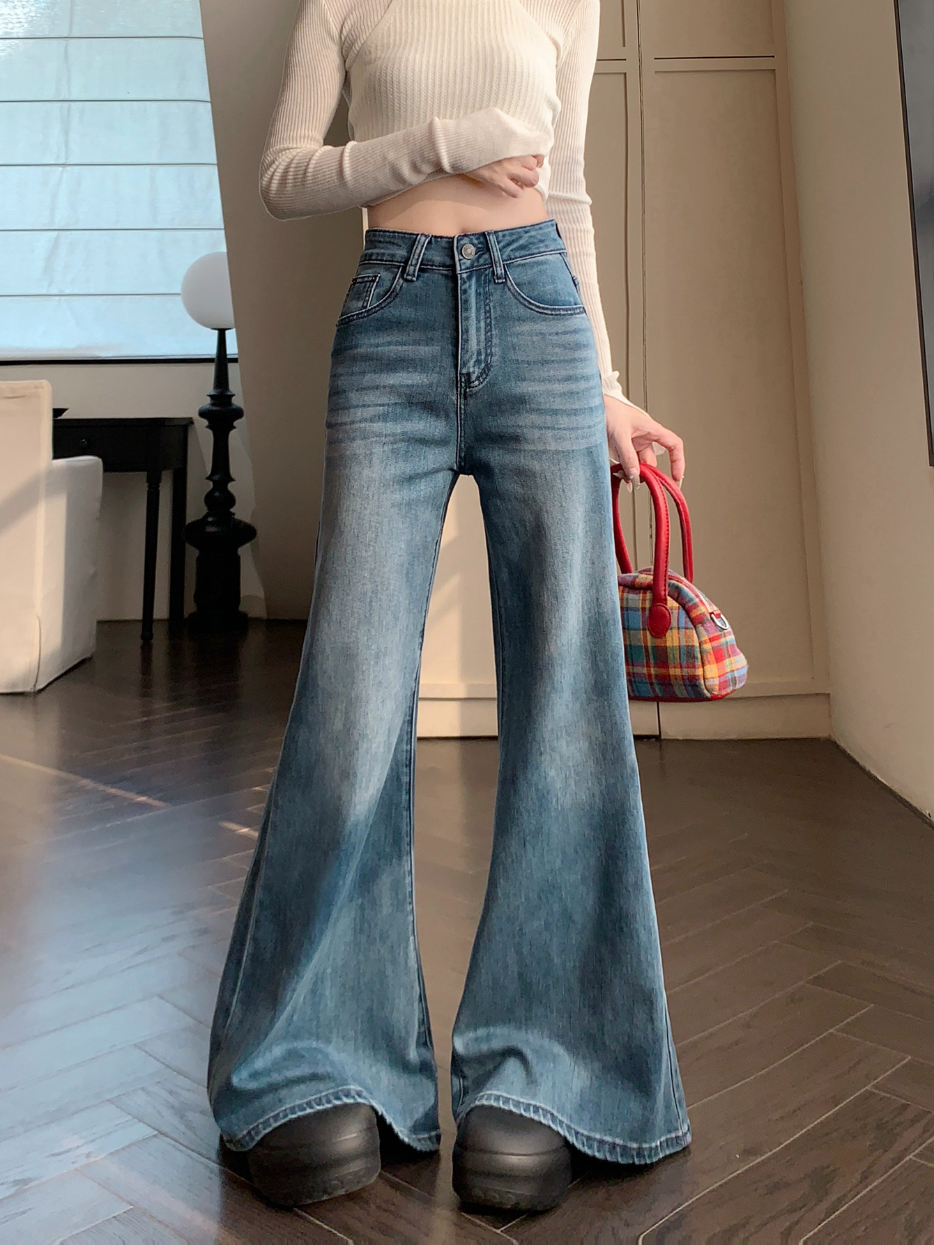 Real shot #slim slim jeans for women with trousers with trousers and loose big trousers and horseshoe floor trousers
