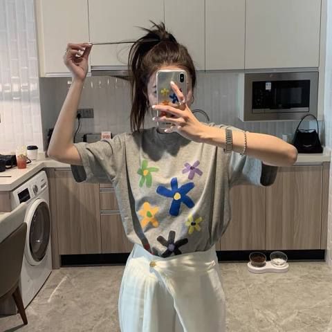 足碼原版外貿韓版新款夏季粉色花瓣愛心短袖圓領街頭女T恤打底衫