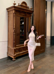 實拍 繆斯女神 純欲斜肩網紗褶皺修身收腰包臀謹慎性感連衣裙