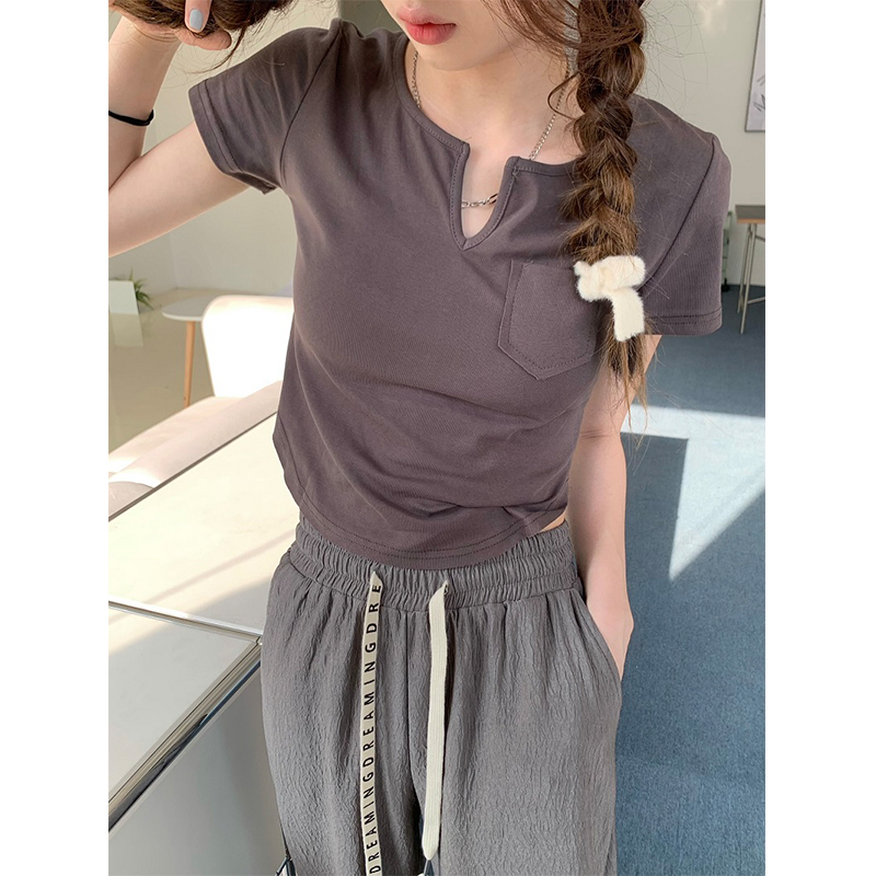 韓國外貿韓版新款拉架棉 夏季休閒富家女顯瘦V領正肩百搭修身短袖