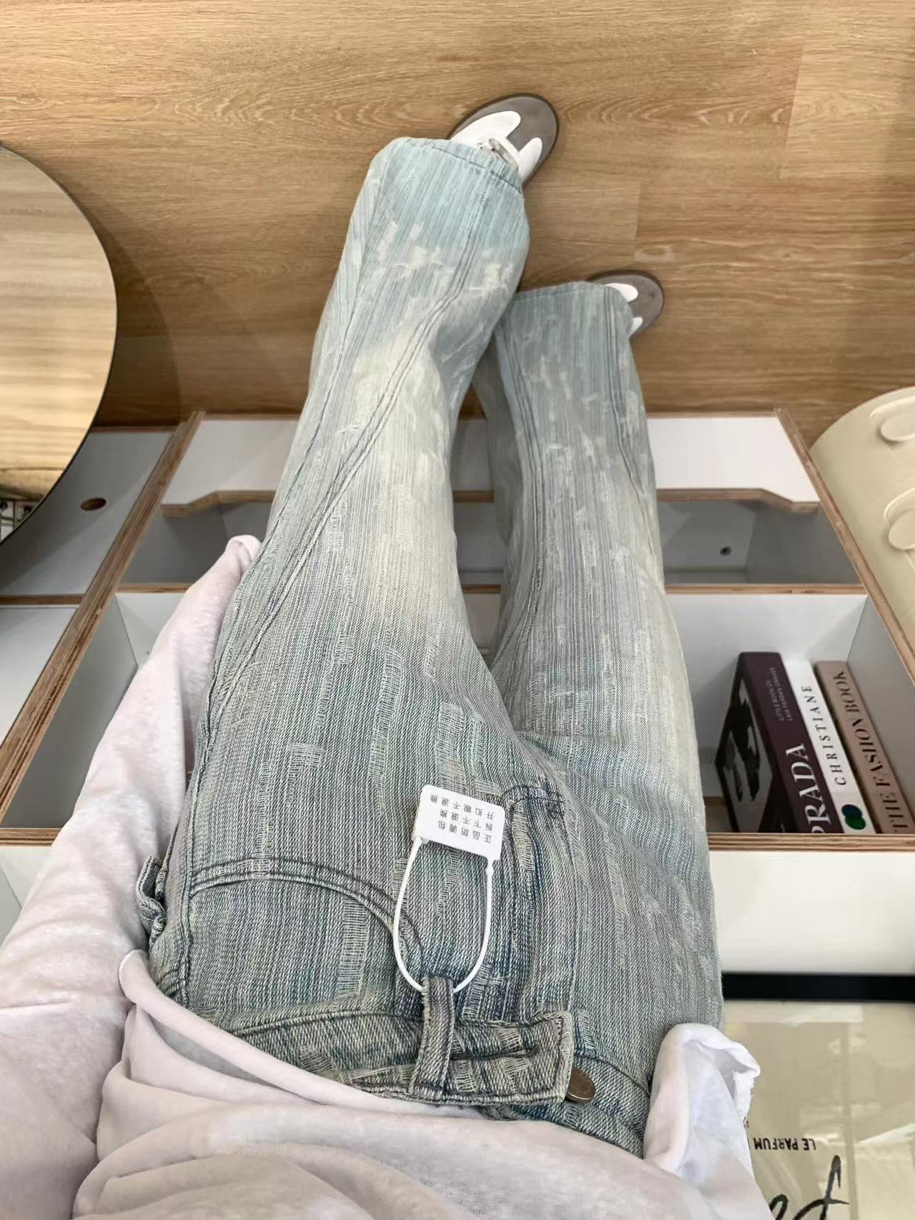 提花條紋微喇叭牛仔褲女磨破顯瘦寬鬆墜感拖地長褲