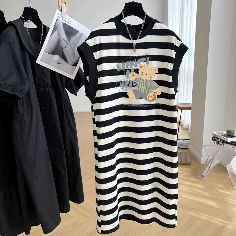 South Korea's new summer fat MM sleeveless striped large size loose mid-length base shirt vest top trendy