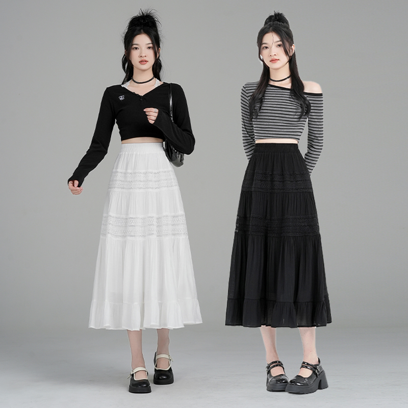 Real shot of 2025 spring and summer French texture white lace splicing cake skirt mid-length A-line large umbrella skirt