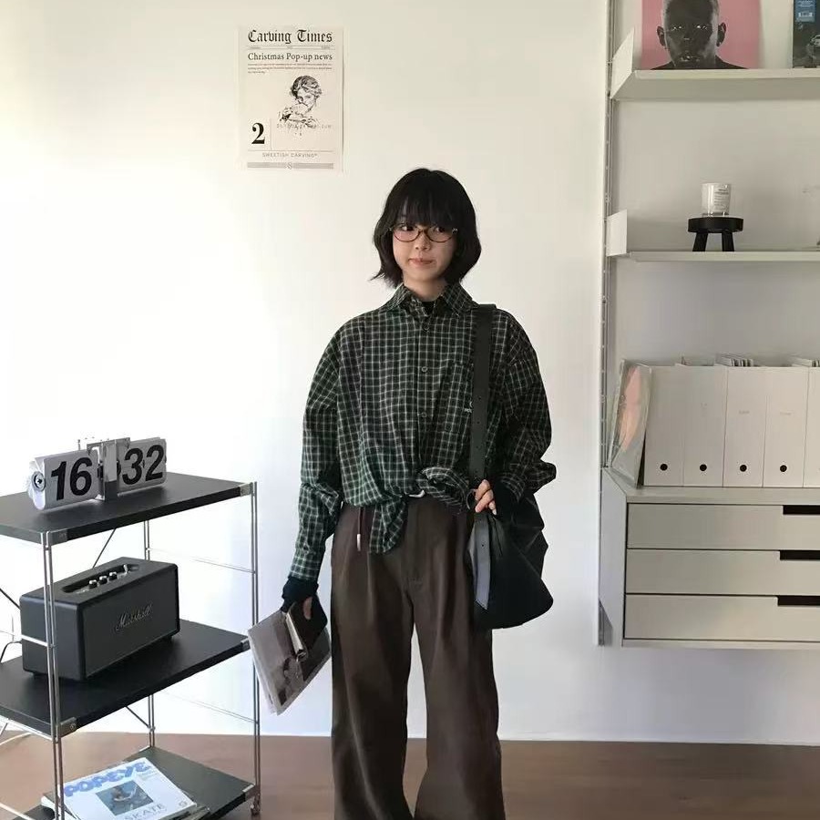 美式潮牌設計感繡花小眾復古格子襯衫女寬鬆慵懶風春秋2025年外套